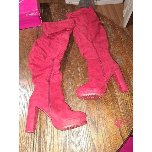 New Size 11 Shoe Dazzle Chili Pepper Red Platform Chunky Heel Slouch Long Boots - Picture 7 of 10